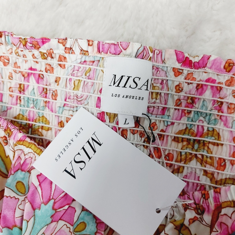 NEW MISA Kayla Pink Summer Floral Puff Sleeve Mini Dress P3100 - Picture 7 of 10